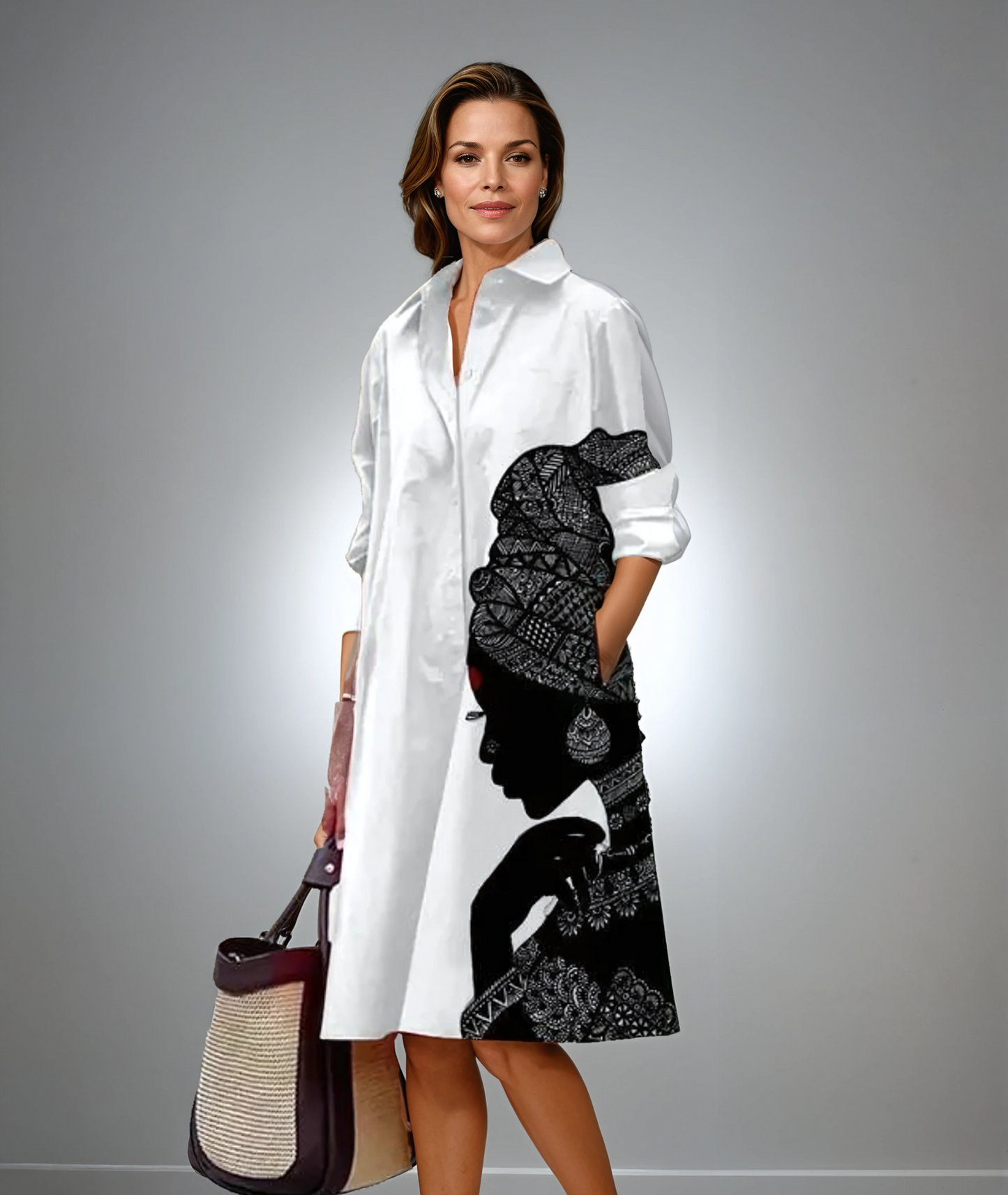 Liese™| Weißes Hemdkleid mit kraftvollem Silhouetten-Print