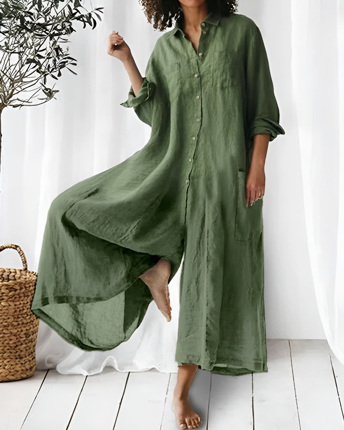 Maja™ | Luftiger Leinen-Jumpsuit mit Krempelärmeln & Seitentaschen