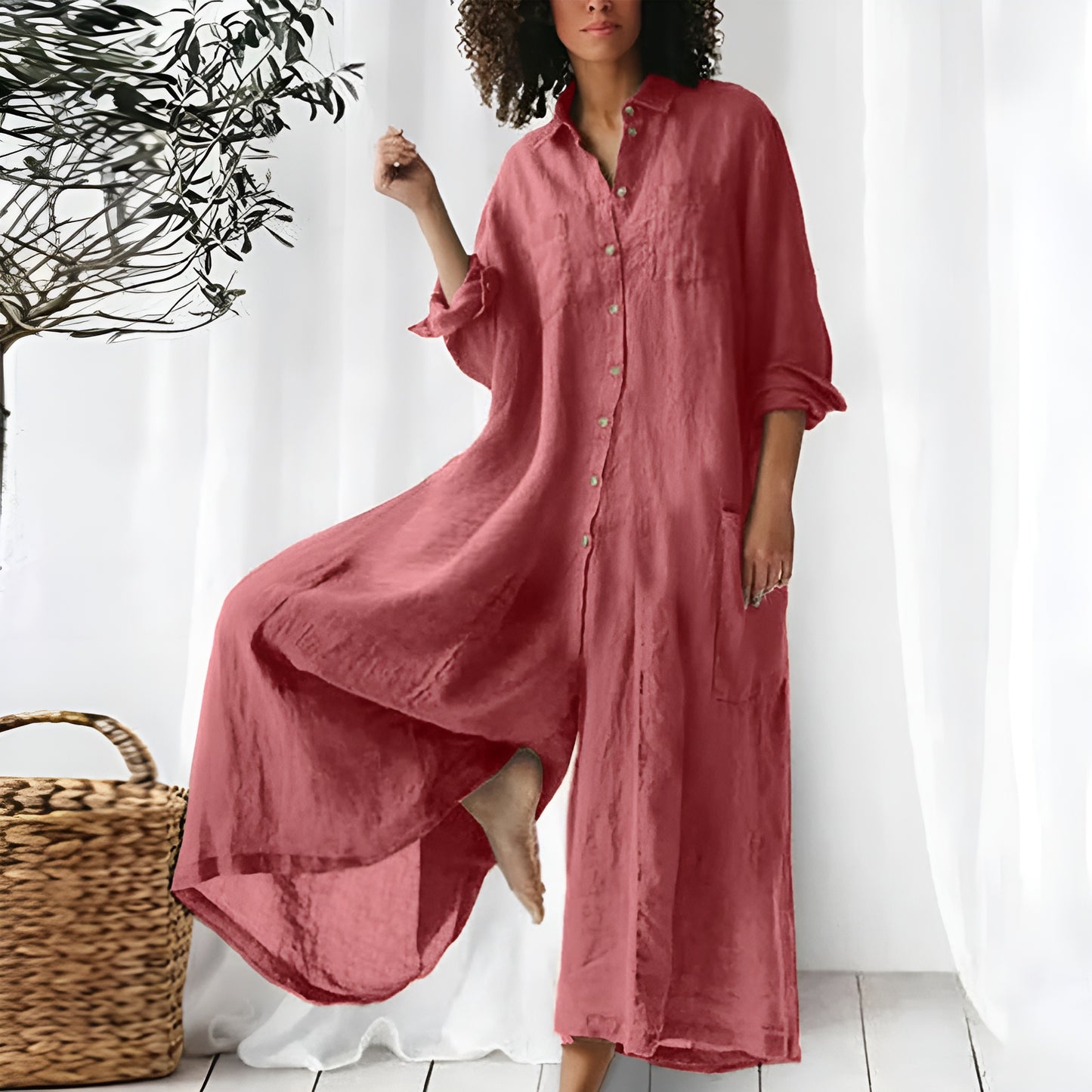Maja™ | Luftiger Leinen-Jumpsuit mit Krempelärmeln & Seitentaschen