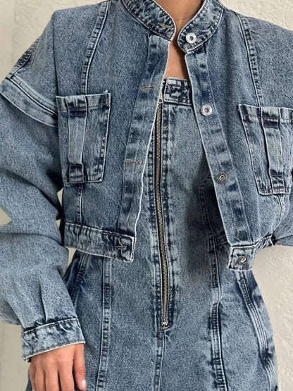 Zava ™| Denim-Bandeau-Jumpsuit mit Reißverschluss und Jacken-Set
