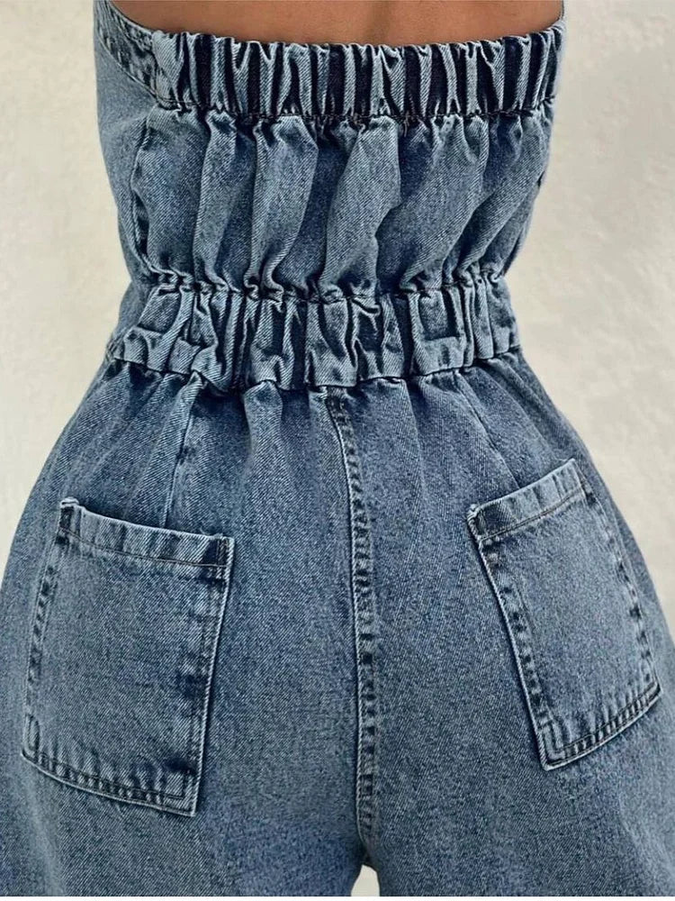 Zava ™| Denim-Bandeau-Jumpsuit mit Reißverschluss und Jacken-Set