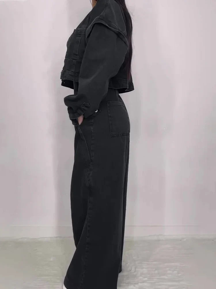 Zava ™| Denim-Bandeau-Jumpsuit mit Reißverschluss und Jacken-Set