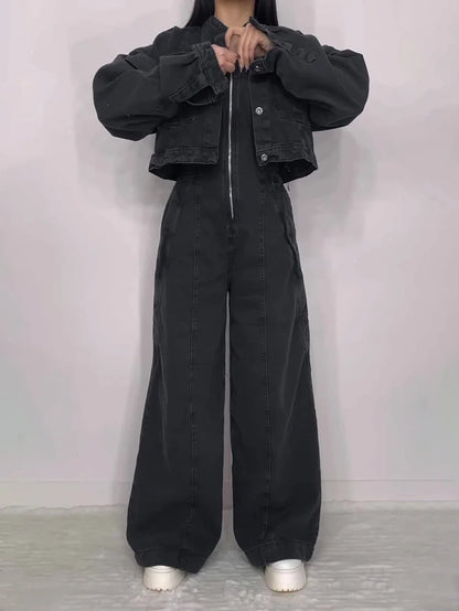 Zava ™| Denim-Bandeau-Jumpsuit mit Reißverschluss und Jacken-Set