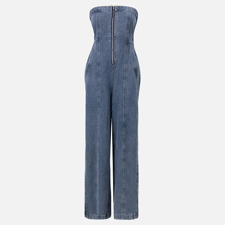 Zava ™| Denim-Bandeau-Jumpsuit mit Reißverschluss und Jacken-Set