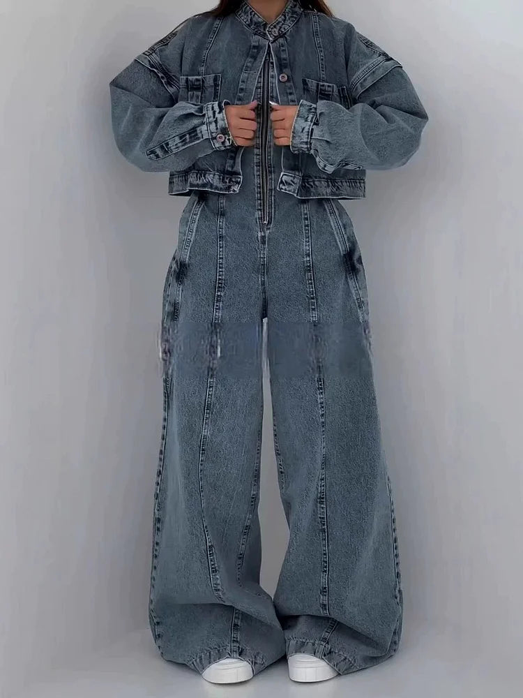 Zava ™| Denim-Bandeau-Jumpsuit mit Reißverschluss und Jacken-Set