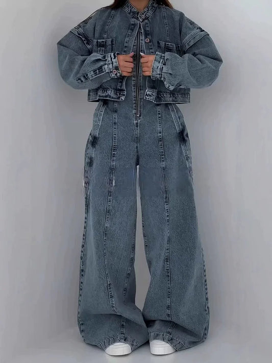 Zava ™| Denim-Bandeau-Jumpsuit mit Reißverschluss und Jacken-Set