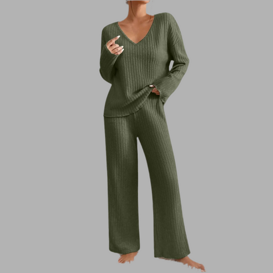 Vivienne™ | Zweiteiliges Set mit gerader Hose und V-Ausschnitt-Top