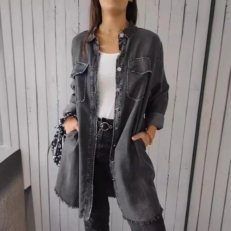 Doris™| Lange Denim-Freizeit-Hemdjacke