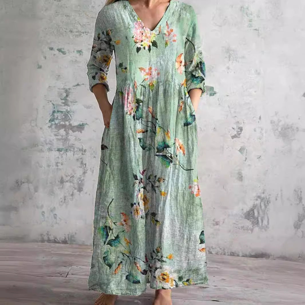 Ais™| Sommerkleid aus Leinen & Baumwolle mit Blumenmuster