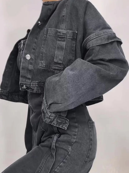 Zava ™| Denim-Bandeau-Jumpsuit mit Reißverschluss und Jacken-Set