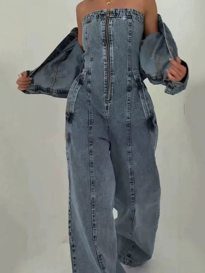 Zava ™| Denim-Bandeau-Jumpsuit mit Reißverschluss und Jacken-Set