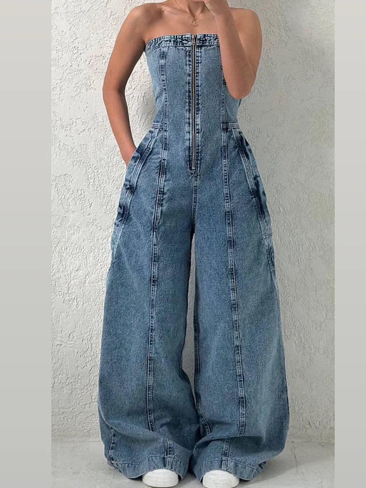 Zava ™| Denim-Bandeau-Jumpsuit mit Reißverschluss und Jacken-Set