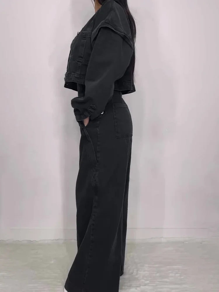 Zava ™| Denim-Bandeau-Jumpsuit mit Reißverschluss und Jacken-Set
