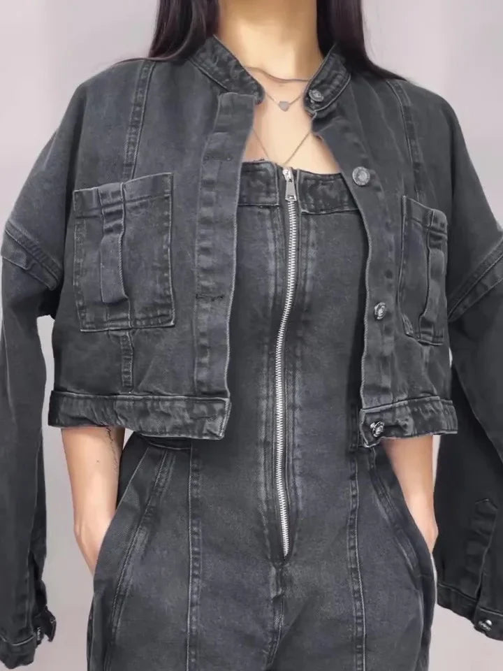 Zava ™| Denim-Bandeau-Jumpsuit mit Reißverschluss und Jacken-Set