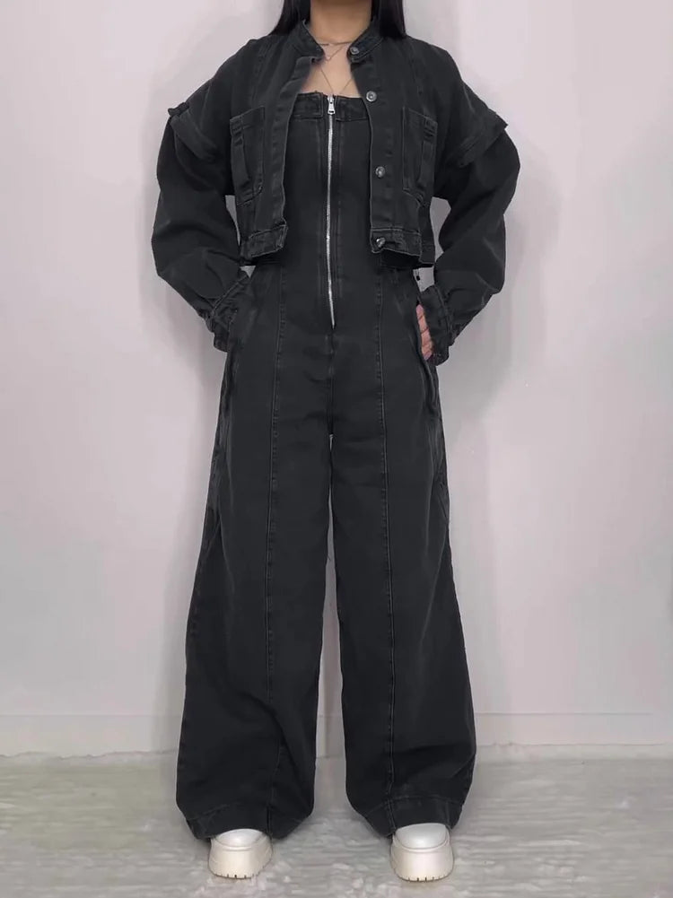 Zava ™| Denim-Bandeau-Jumpsuit mit Reißverschluss und Jacken-Set